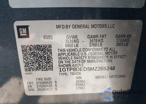 2021 GMC Sierra 1500 2Wd Short Box Slt из США, поврежденный, VIN 1GTP8DED5MZ265248